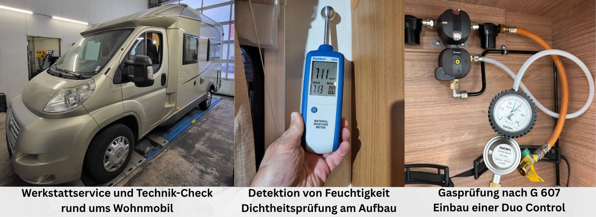 Detektion von Feuchtigkeit - 1 technischer Service am Wohnmobil Gasprüfung G607 Einbau Gaszubehör